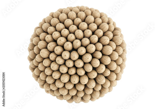 Spherical cluster of numerous wooden ovoid shapes arranged in a symmetrical geometric pattern isolated on a transparent background
