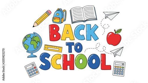 Cuadro en lienzo Back to School Excitement: A vibrant illustration celebrating the return to learning, featuring essential school supplies like a globe, backpack, book, pencil, ruler, and calculator