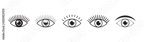 Foto Collection of five black eye icons with eyelashes representing vision and sight on transparent background