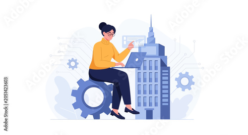 Woman working on laptop on gear next to skyscraper, symbolizing business, technology, and data analysis.