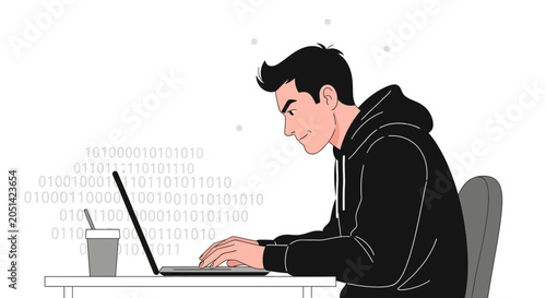 Young man in hoodie coding on laptop, binary code background, programmer, developer, technology concept