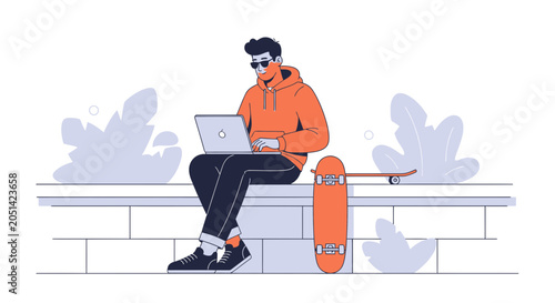 Young man in orange hoodie with laptop and skateboard, sitting outdoors, modern illustration style