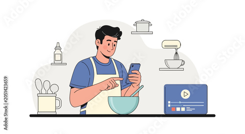 Young Man Following Online Recipe on Smartphone While Cooking in Kitchen