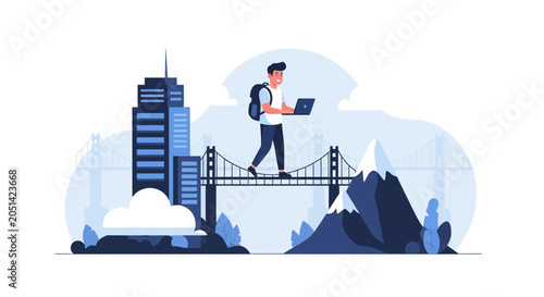 Young man with backpack and laptop walking across a bridge between mountains and city skyscrapers, symbolizing remote work and digital nomadism.