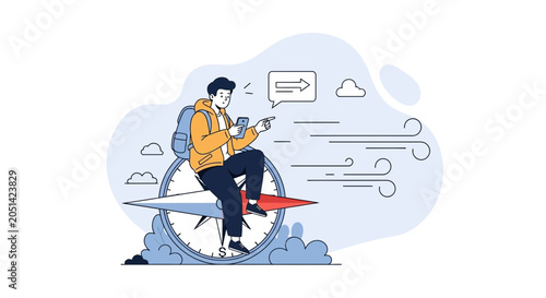 Young traveler with backpack navigating using smartphone on a giant compass, representing journey, direction, and modern technology