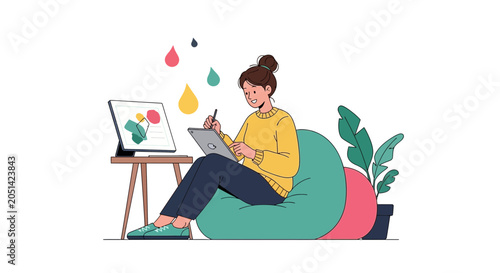 Young woman artist digitally drawing on a tablet, surrounded by colorful creative inspiration drops and a plant.