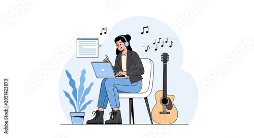 Young Woman Composing Music on Laptop with Acoustic Guitar and Headphones, Vector Illustration