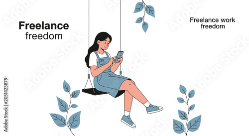 Young woman enjoys freelance freedom, checking her phone on a swing surrounded by nature illustration