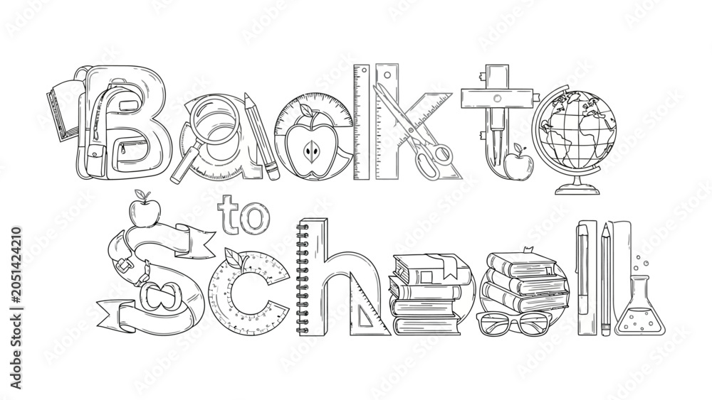 Obraz premium Back to School Typography: A creative and educational typographic design featuring the phrase Back to School incorporated with various school supplies and elements like books, pencils, rulers.