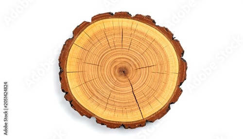 A cross-section of a tree trunk with concentric rings and cracks