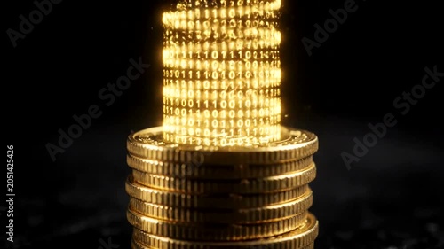 Digital Currency Growth - Golden Coins Stack with Binary Code Animation on Black Background.