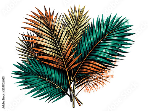 Tropical Palm Risograph Abstract, Bold Leaves, High-Contrast Colors, Isolated on White.
