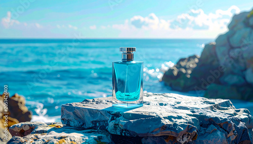 Blue perfume bottle on a rock by the ocean