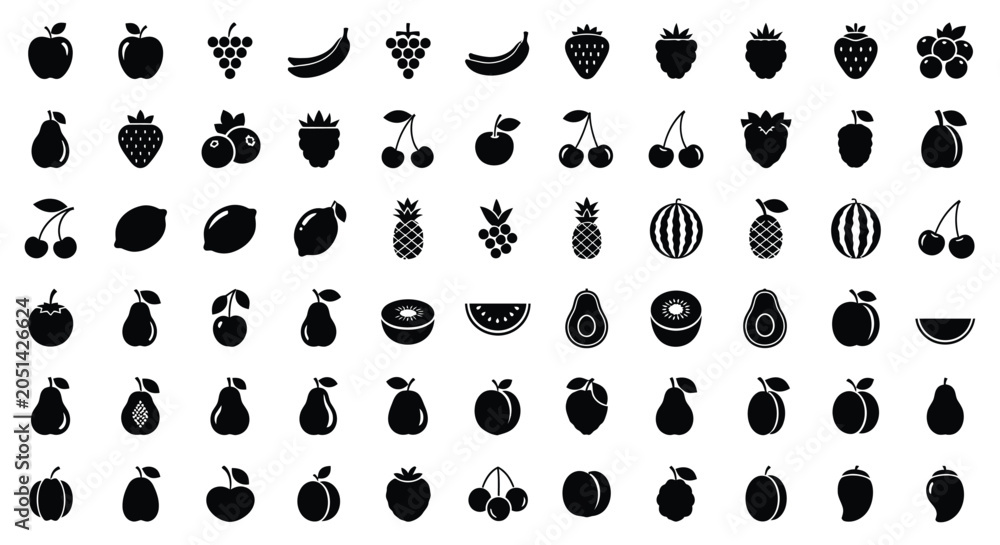 Fototapeta premium Collection Of Black Silhouette Fruit Icons On A White Background
