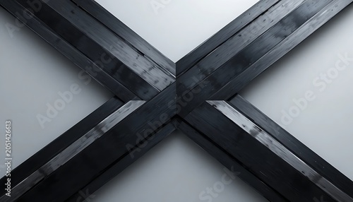 Close up abstract macro shot of an intersection formed by two heavy dark wooden beams creating a strong structural X composition with dramatic lighting and detailed wood texture.