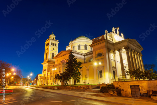 Famous neoclassical Cathedral Basilica of St. John the Apostle at blue hour in Eger, Hungary