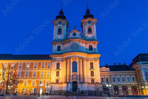 Baroque style Minorite Church of St. Anthony of Padua on Dobo Istvan main city square in Eger, Hungary