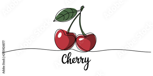 Fotografía continuous single line art Hand drawn illustration of a fresh red cherry with gr