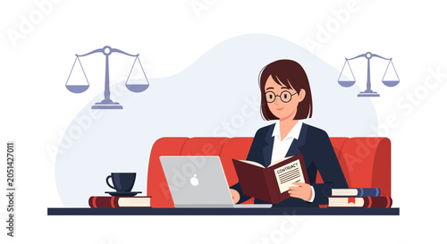 Lawyer Reading Contract Book Beside Laptop and Scales of Justice, Vector Illustration