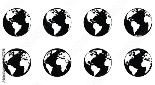Earth globe silhouettes in a grid arrangement black and white graphic