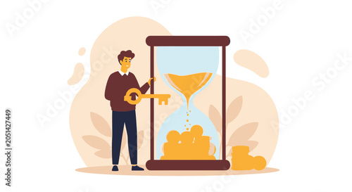Man holding key next to hourglass with coins falling, concept of time is money, investment and opportunity
