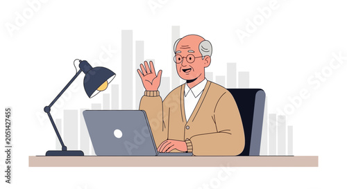 Happy Senior Man Waving Hello During a Video Call on His Laptop with Desk Lamp