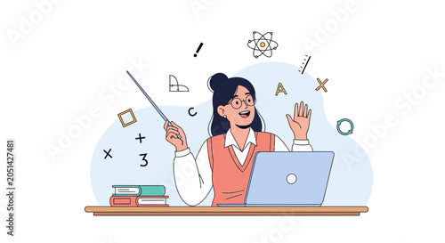 Happy Teacher with Pointer and Laptop, Teaching Math and Science with Symbols and Books