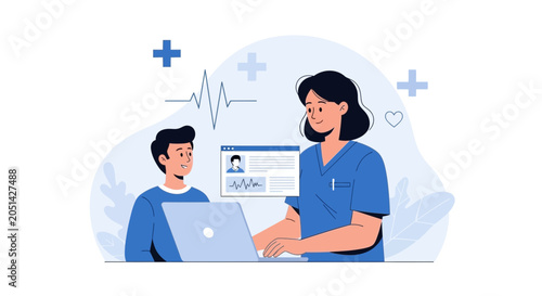 Healthcare Professionals Interact with Digital Patient Records on Laptop, Representing Modern Medicine and Technology