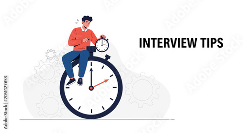 Man sitting on a stopwatch, stressed about interview time, with 'INTERVIEW TIPS' text. Modern vector illustration concept.