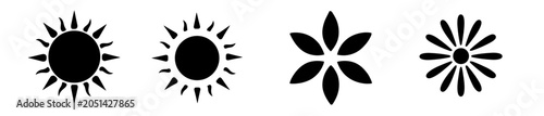 Four small black silhouette icons in a horizontal row showing varied sun burst and decorative flower shapes. Compact vector icon collection for web interface and print design.