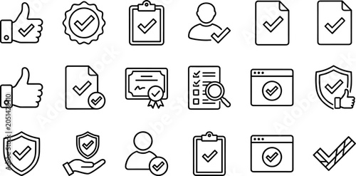 Schilderij op canvas Minimalist collection of black line certification and approval icons featuring c