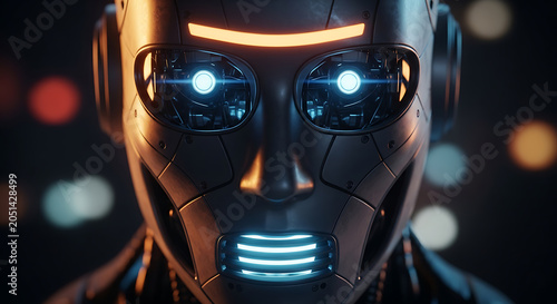A futuristic robot with glowing blue eyes and metallic faceplate stares directly at the viewer in a dark environment.