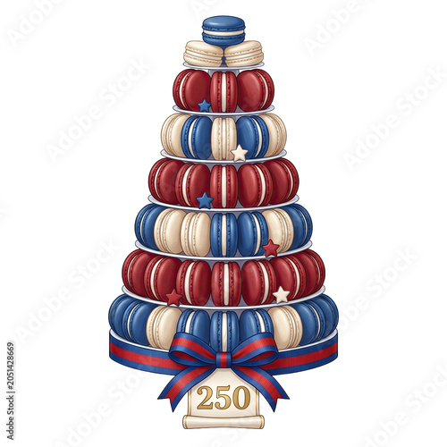 Patriotic macaron tower in red white and blue with a ribbon and 250 scroll isolated on white background