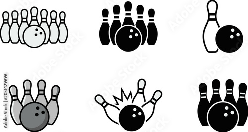 Foto Stylized bowling pin and ball vector icons in black, gray, and light designs rep