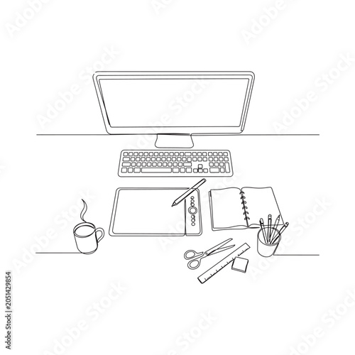 Desk setup with computer stationery and coffee in continuous line style