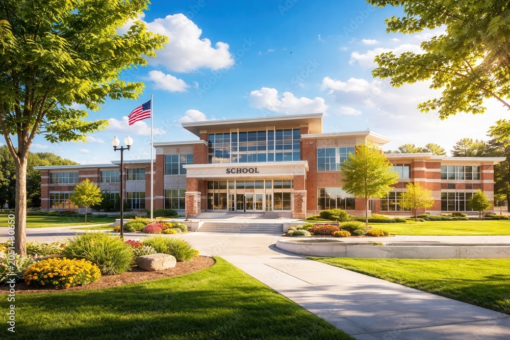Fototapeta premium Modern school building with green campus landscape and american flag under bright blue sky view