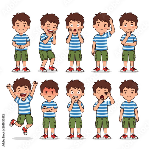 Cartoon boy expressions a diverse range showing emotions like joy, surprise, anger, contemplation, and tiredness, reflecting common childhood moods