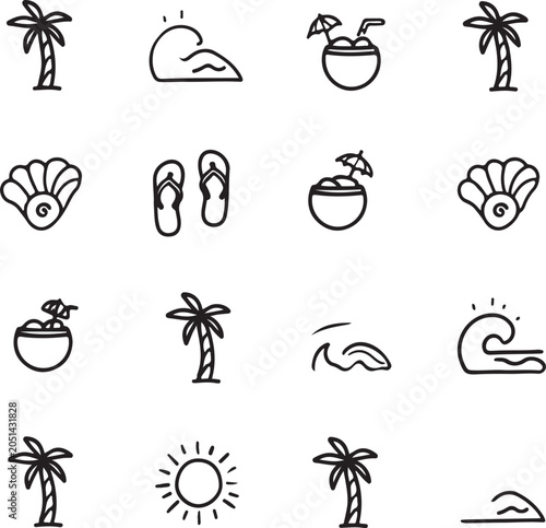 Flat tropical vacation icons set with beach and palm elements