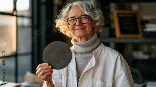 Elderly aerospace materials scientist holds carbon composite heat shield sample toward laboratory window light, testing scratches visible on material surface, retirement plaque