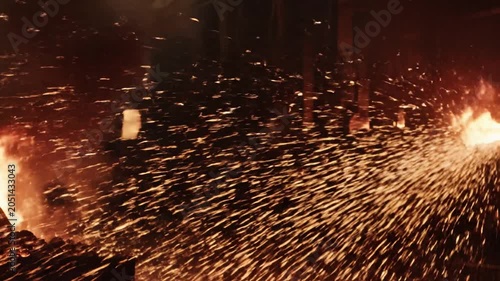 Dramatic fire sparks, blazing embers, fiery particles, intense burning