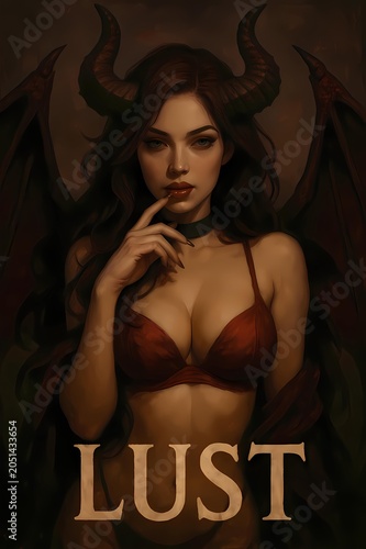 Artistic illustration in the style of Renaissance paintings. The theme of the seven deadly sins in Christianity. Lust girl