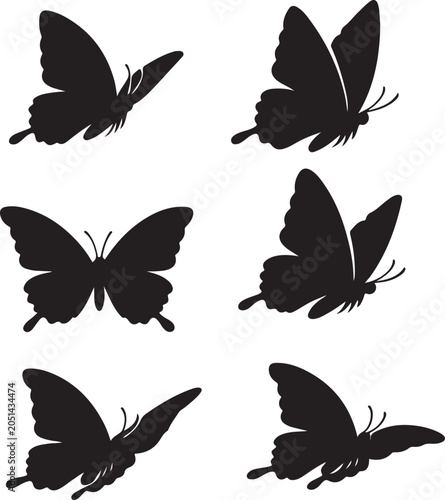 Set of black butterfly silhouettes isolated on a white background, various butterfly wing shapes for design and decoration