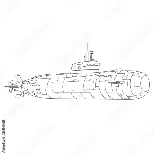 Black and white outline illustration of a modern submarine naval vessel for coloring or technical design