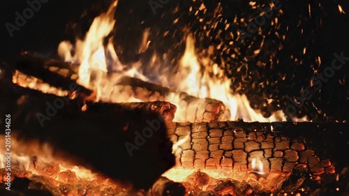 Fireplace flames, burning wood, warm lighting, cozy atmosphere