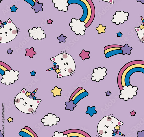 Cute unicorn cats with rainbows and stars on a lavender background seamless pattern