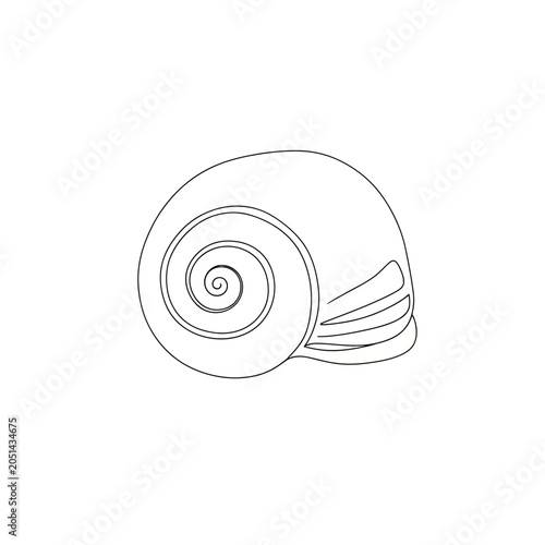 Clean and simple continuous line art of a spiral seashell, a minimalist emblem of ocean exploration and natural wonders on a pristine background