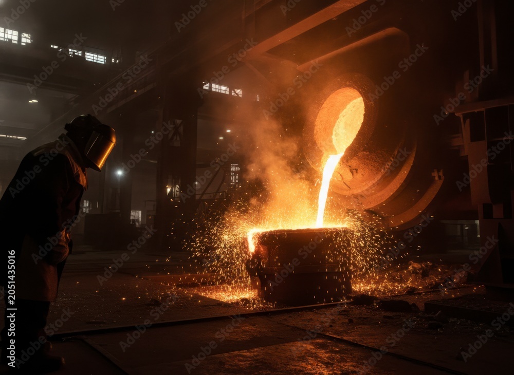 Obraz premium Molten metal pouring into a crucible in a dark foundry