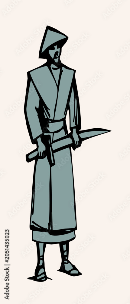 Obraz premium Vector drawing. The warrior is dressed in traditional Asian clothing