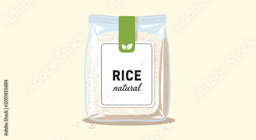 Realistic product illustration of a bag of natural white rice with a clean green leaf label on a light background.