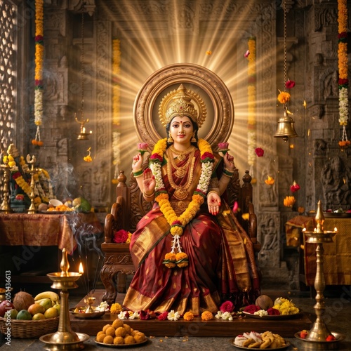 Goddess lakshmi seated on an ornate throne in a traditional hindu temple setting with glowing aura and floral offerings for diwali celebration and prosperity blessings in warm golden lighting